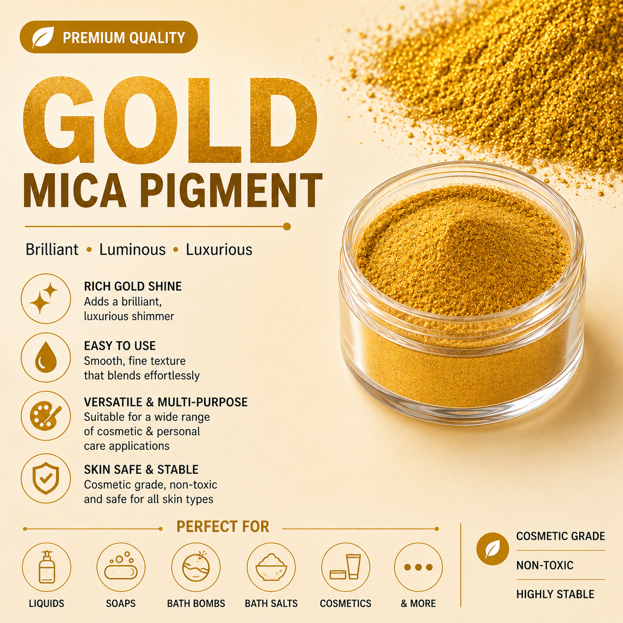 Gold mica pigment powder, cp soap colour, soap colour, mica colours, mica pigments, bath bombs colour