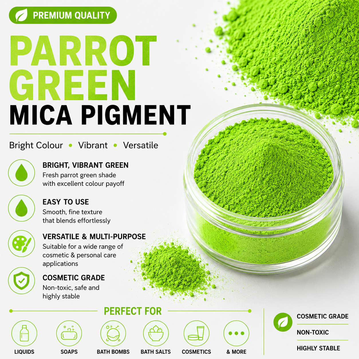 Parrot Green Mica, mica pigment powder, cp soap colour, soap colour, mica colours, mica pigments, bath bombs colour